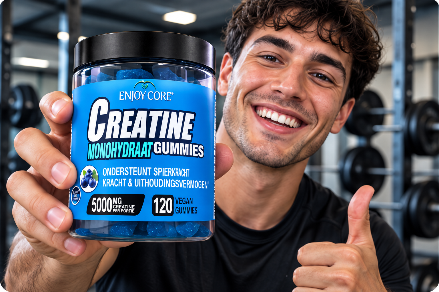 Enjoy Core Creatine Gummies in een sportieve lifestyle setting