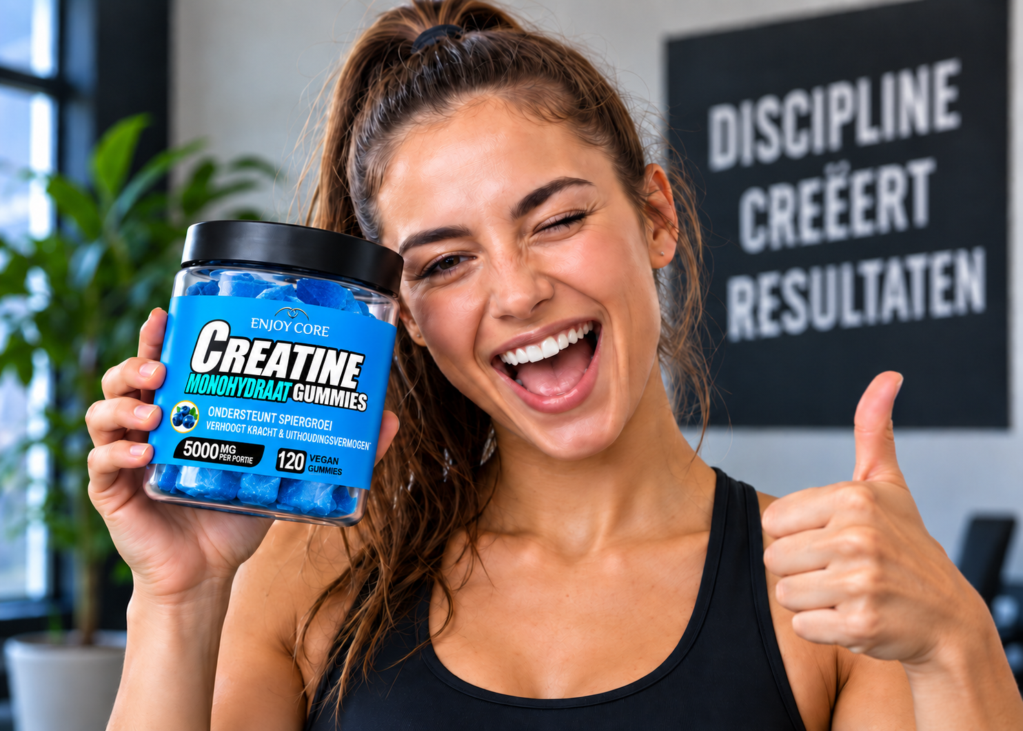 Enjoy Core Creatine Gummies in een sportieve lifestyle setting