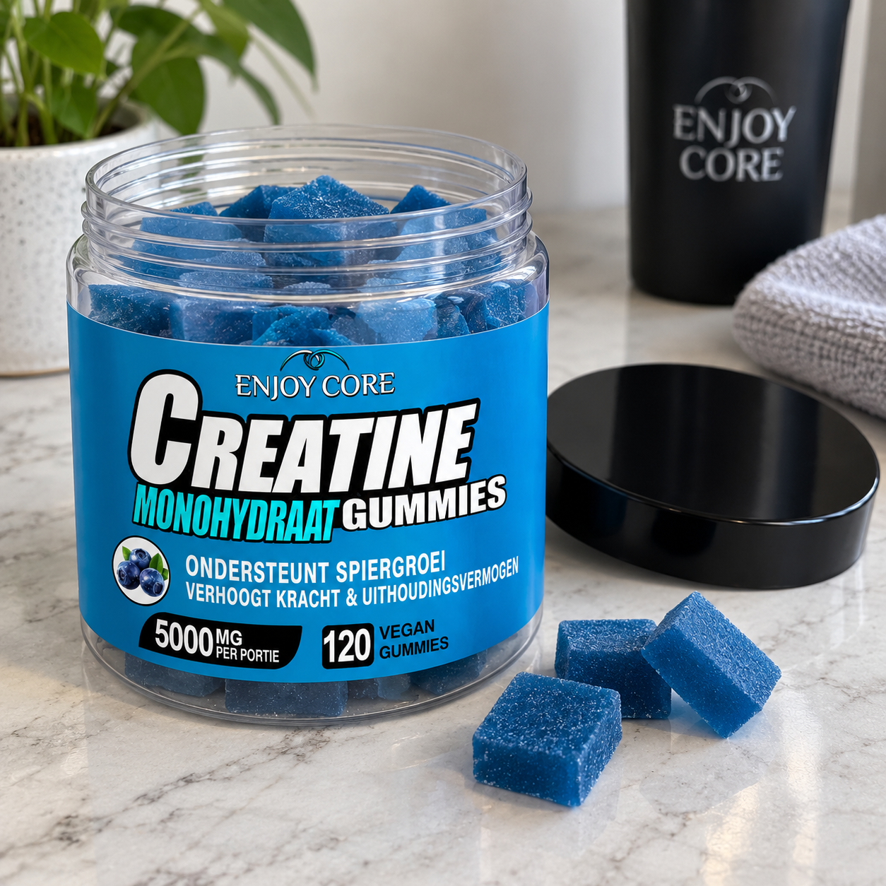 Geopende Enjoy Core pot met blauwe gummies
