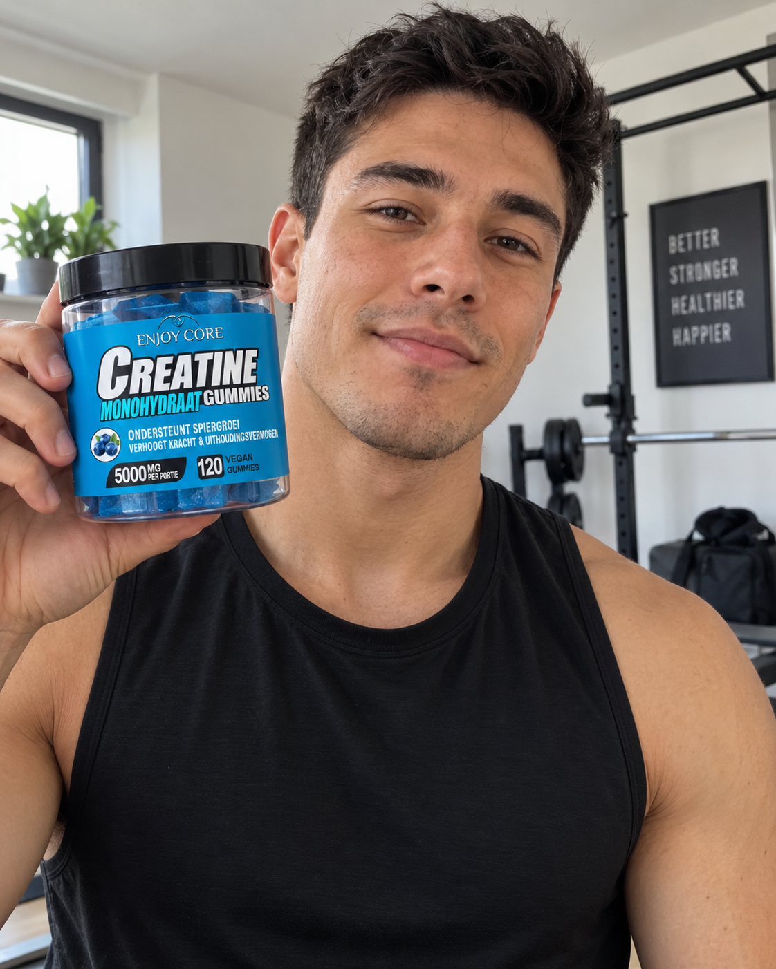 Jacques met Enjoy Core Creatine Gummies in zijn hand